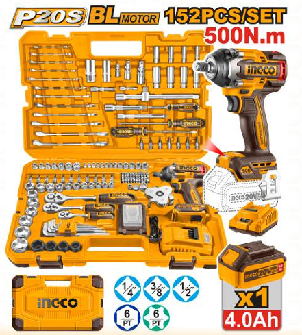 INGCO 20V Cordless Brushless Impact Wrench & Hand Tool Combo Kit (HKTHP31521) – 152-Piece Premium Mechanical Set Featuring 1/2" Drive Wrench with 500Nm Fastening / 650Nm Nut-Busting Torque, Includes 4.0Ah Battery, Fast Charger & Hard Carrying Case