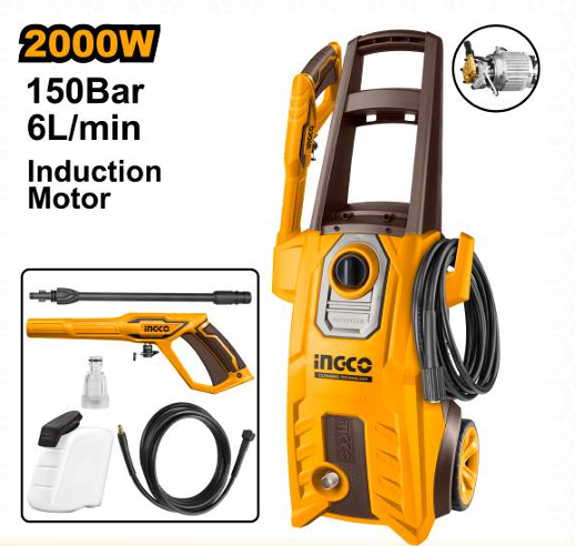 INGCO 2000W Industrial High-Pressure Washer (HPWR20008) – 150 Bar (2200 PSI) Max Pressure with Heavy-Duty Copper Wire Induction Motor, 6.0L/min Flow Rate & Auto-Stop System, Includes Water Spray Gun, 5m High-Pressure Hose & Soap Bottle