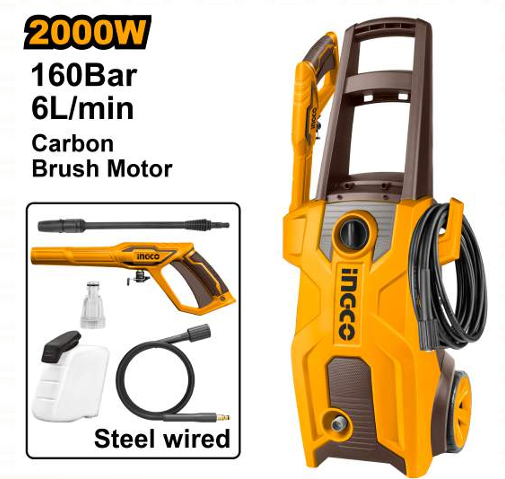 INGCO 2000W Industrial High-Pressure Washer (HPWR200182) – 160 Bar (2320 PSI) Max Pressure with Pure Copper Wire Carbon Brush Motor, 6.0L/min Flow Rate & Auto-Stop System, Includes 5m High-Pressure Hose & Soap Bottle