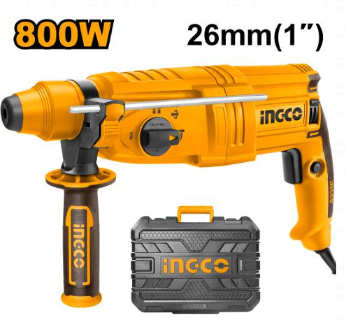 INGCO 800W SDS Plus Rotary Hammer Drill (RGH9028) – 26mm Heavy Duty Demolition Hammer with 3 Drills & 2 Chisels