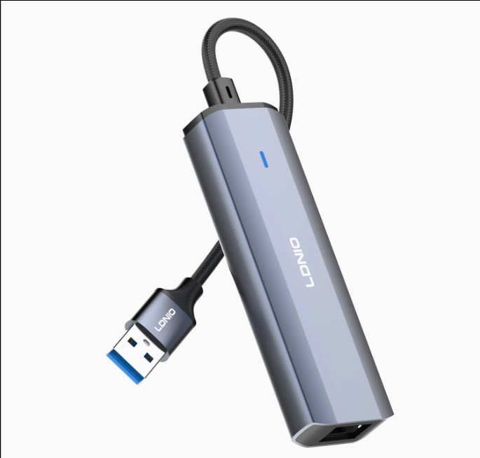 LDNIO DS-124U 4-in-1 USB-A Network Hub (14CM) | Three USB Ports and RJ45 Ethernet Expansion Adapter
