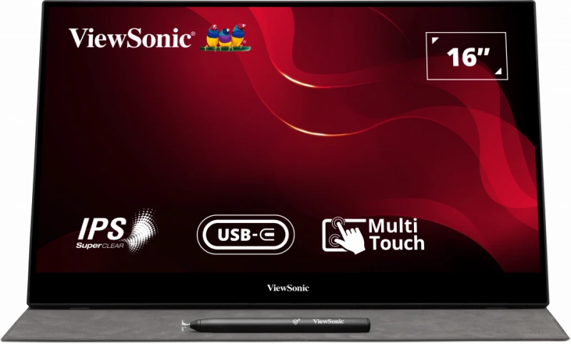 ViewSonic TD1655 16" Full HD IPS USB-C Multi-Touch Portable Monitor (1920x1080, 10-Point Touch, Foldable Aluminum Stand, Magnetic Cover) - Black
