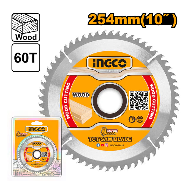 Ingco 254mm (10 Inch) 60T Professional TCT Circular Saw Blade - High-Performance Carbide Tipped Miter and Table Saw Blade for Fine Woodworking and Cross-Cutting (TSB125423)
