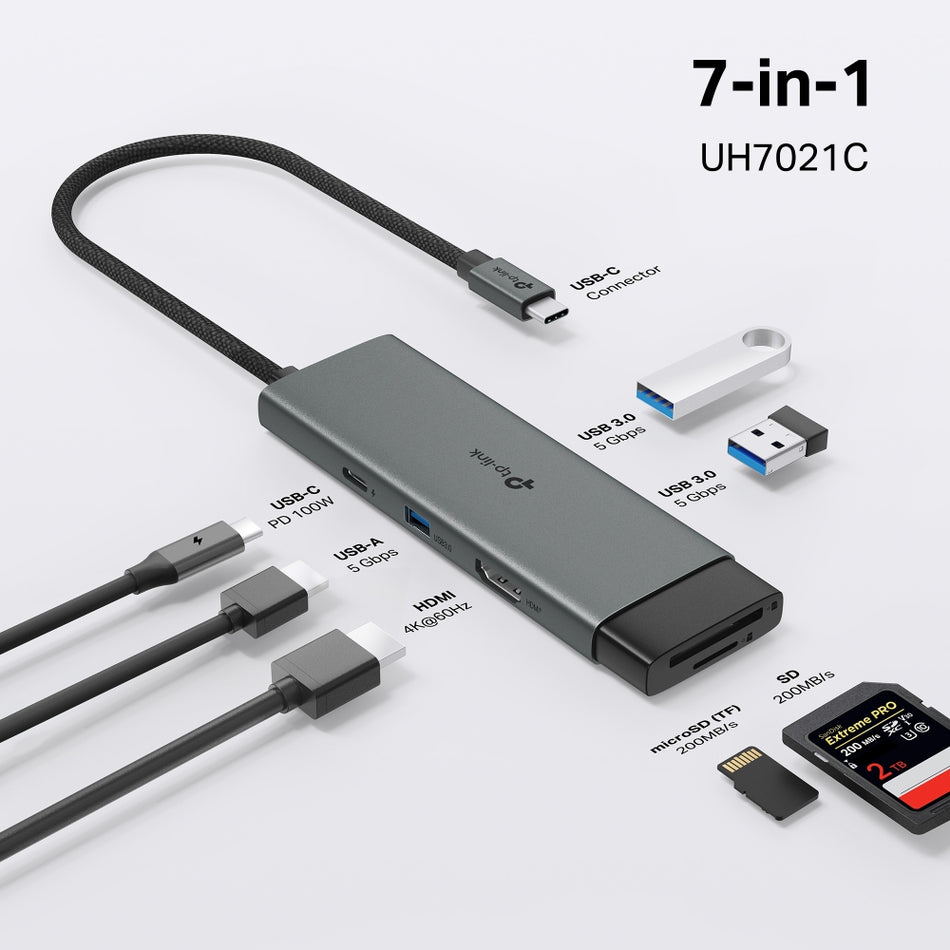 TP-LINK UH7021C 7-in-1 Multi-Function USB Type-C Hub - 4K HDMI @60Hz, 100W Power Delivery Pass-Through, SD/microSD Card Slots, Ultra-Fast 5Gbps Data - Space Gray