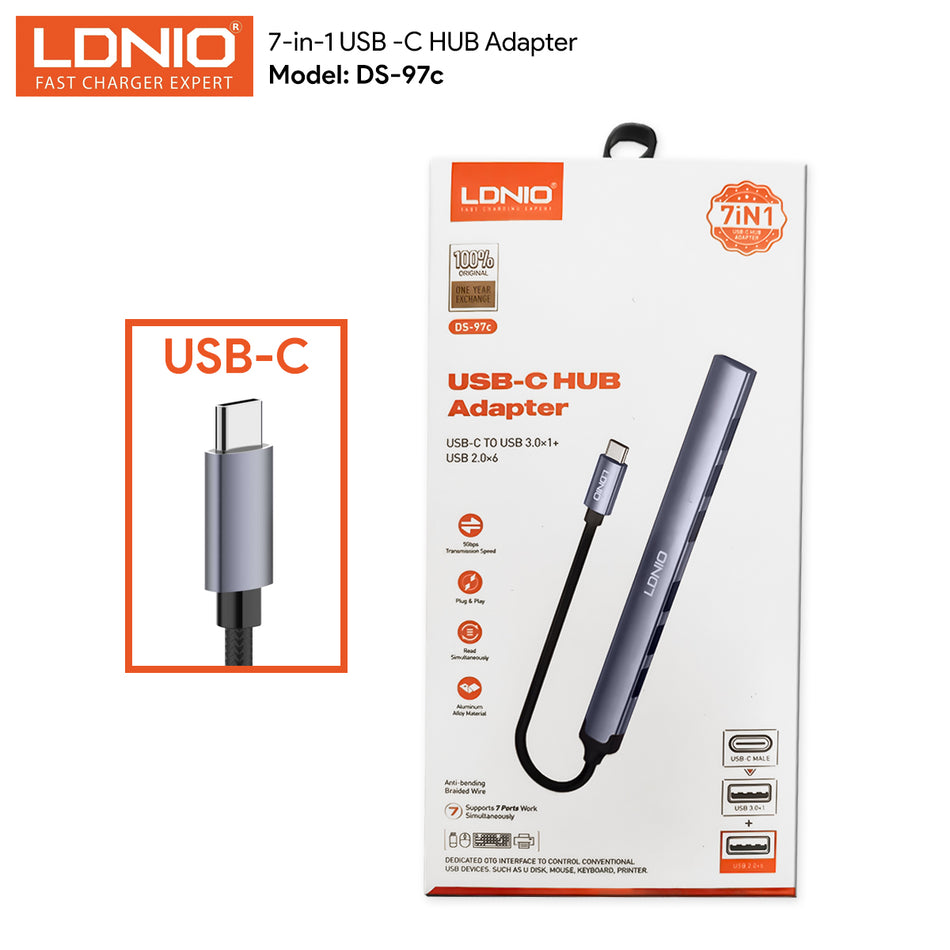 LDNIO DS-97C | 7-in-1 Premium Aluminum Type-C Multi-Function Docking Station (14cm Cable) | 1x USB 3.0 + 6x USB 2.0 High-Speed Expansion Hub