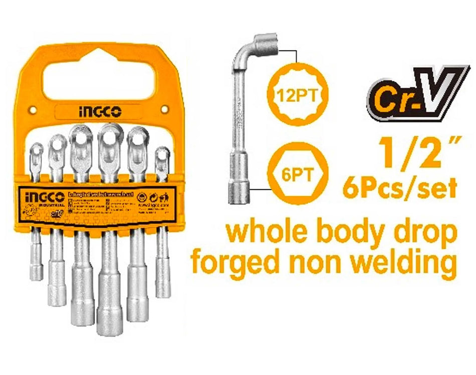 INGCO 6-Piece Metric L-Angled Socket Wrench Set (Jeu de Clés à Pipe Débouchées) – Chrome Vanadium (Cr-V) Steel, Single-Piece Drop-Forged Construction, 6-Point Profile, Sizes 7mm–14mm (LASWT0601)