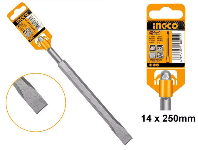 Ingco 14mm x 250mm x 20mm Professional SDS Plus Flat Chisel - High-Strength Alloy Steel Demolition and Scaling Tool for Concrete, Brick, and Masonry (DBC0122501)