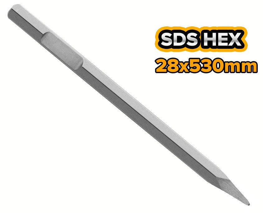 Ingco 28mm x 530mm Professional Hex Pointed Chisel - Heavy-Duty Demolition Hammer Breaker Bit for Reinforced Concrete and Rock (DBC0415301)