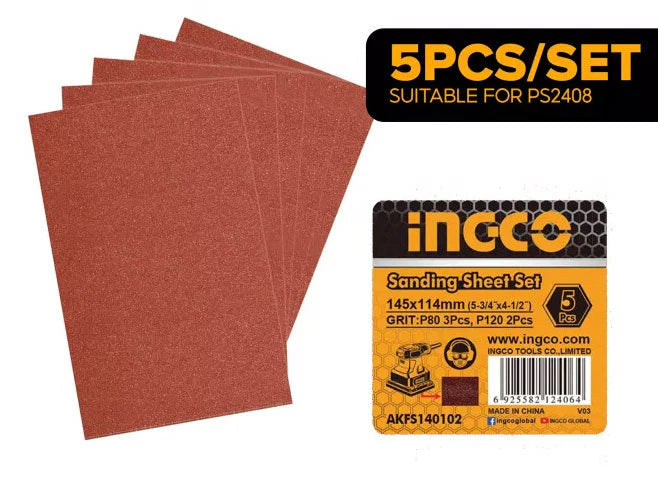 Ingco 5-Piece Sanding Sheet Set | Assorted Multi-Grit 140mm x 140mm x 93mm Triangular Detail Paper Pack (AKFS140102)