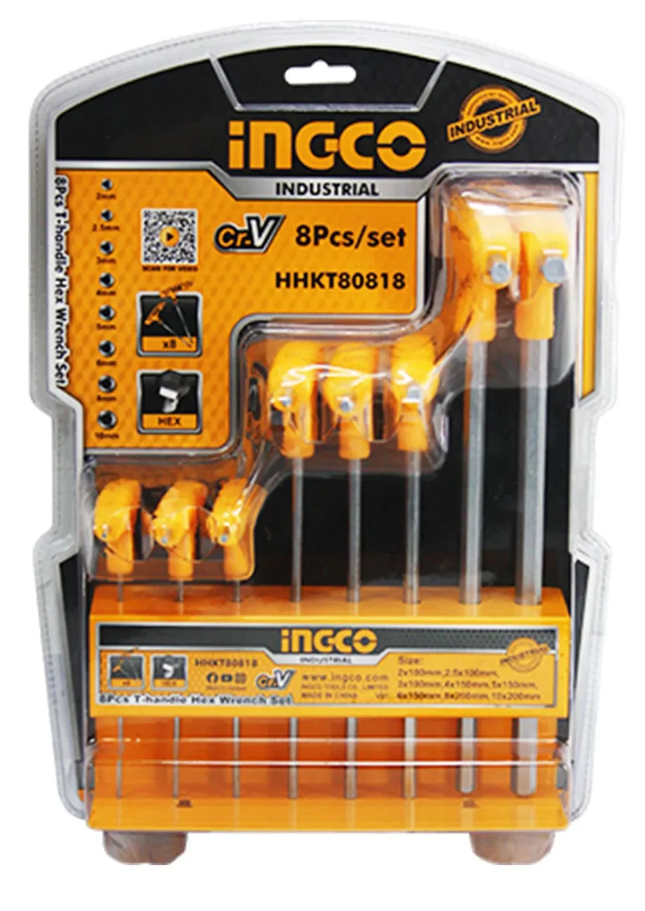 INGCO 8-Piece T-Handle Hex Key Wrench Set – Heat-Treated Cr-V Alloy Steel, Chrome-Plated Anti-Rust Finish, Long-Reach Shafts (2mm–10mm), and High-Torque Ergonomic T-Grip (HHKT80818)