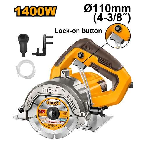 INGCO 1400W Marble Cutter (MC140068) – 110mm Blade Size / 34mm Max Cutting Depth for Tile, Stone & Marble, Includes Wet-Cutting Water Pipe