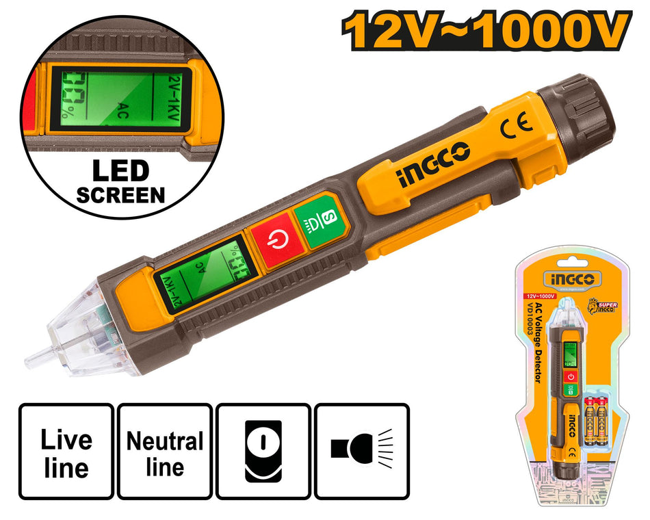 INGCO Non-Contact AC Voltage Detector (12V–1000V) – Dual Sensitivity Modes, Sound & Light Alarm, Integrated LED Flashlight, Live/Neutral Line Distinction, and Auto Power Off (VD210003)