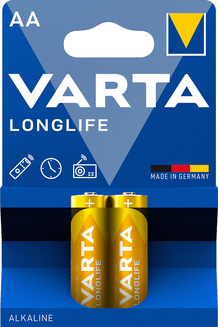Varta Longlife 4106 AA Alkaline Batteries | 1.5V High-Performance Power Cells | Long-Lasting Reliability for Constant Energy Loads | German Engineered | 2-Pack Blister