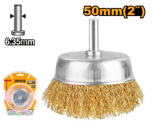 Ingco 50mm Wire Cup Brush | 1/4-Inch Shank Crimped Brass-Coated Steel Wire Wheel for Drill-Based Rust and Paint Removal (WB30501)