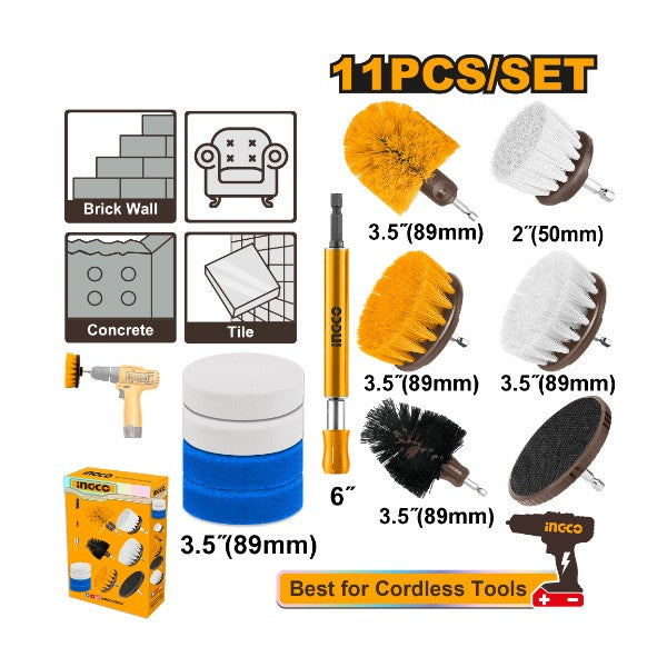 Ingco 11-Piece Multi-Purpose Power Drill Cleaning Brush and Polishing Scrubber Set – 1/4-Inch Hex Shank Attachment Kit with 6-Inch Extension Rod, Scour Pads, and Sponges (WCB1101)