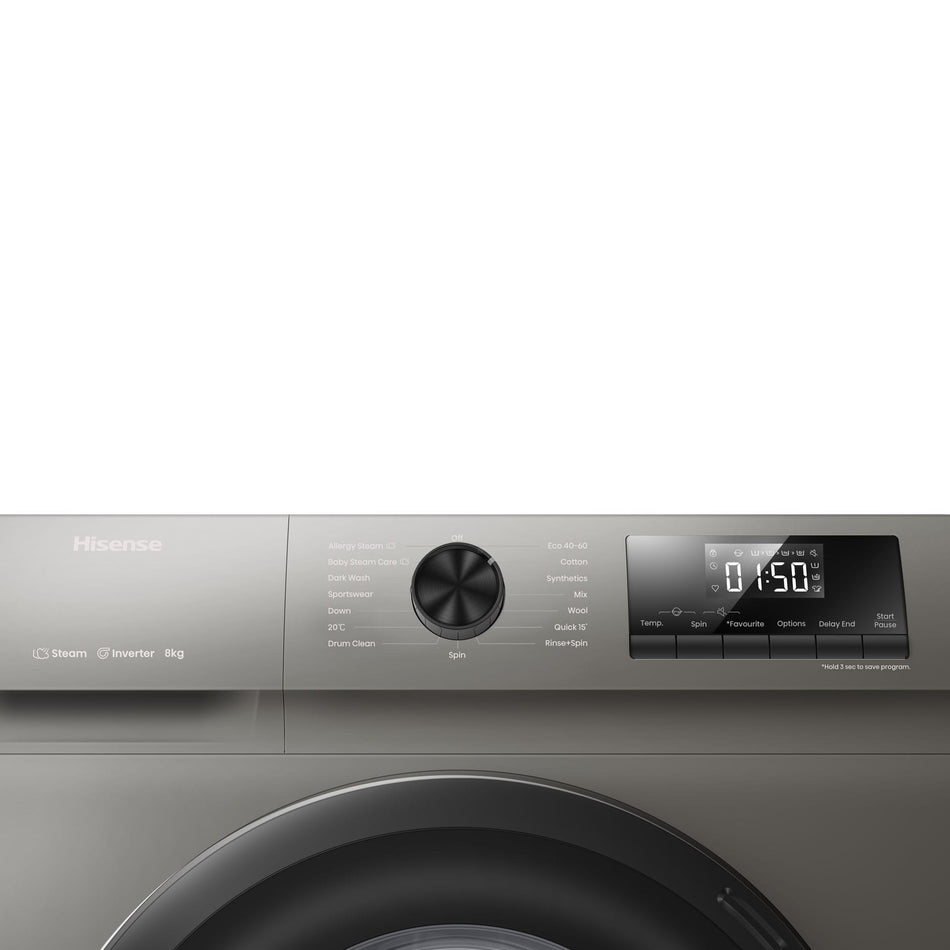 Hisense - WFQP8012VMT - Freestanding Front Loader Washing Machine with Steam Care, Inverter Motor, 8kg, Titanium Finish
