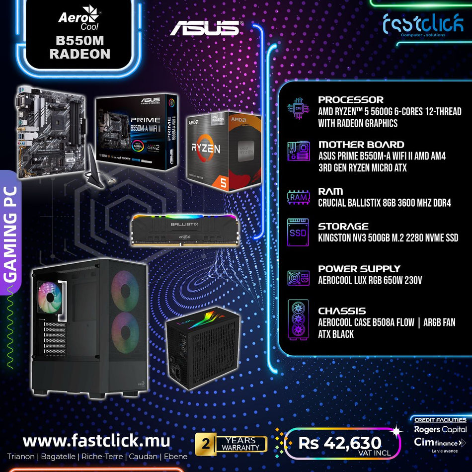 Fastclick AeroCool Gaming PC Bundle – AMD Ryzen 5 5600G, ASUS Prime B550M-A WiFi II, 8GB DDR4 RAM, 500GB NVMe SSD, 650W RGB PSU
