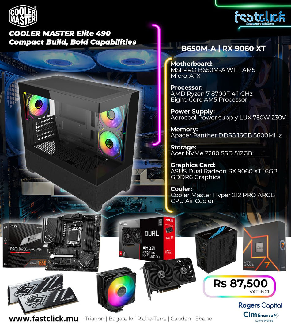 Fastclick Cooler Master Elite 490 Gaming PC Bundle – Ryzen 7 8700F, RX 9060 XT 16GB, 16GB DDR5 RAM, 512GB NVMe SSD, Hyper 212 PRO ARGB