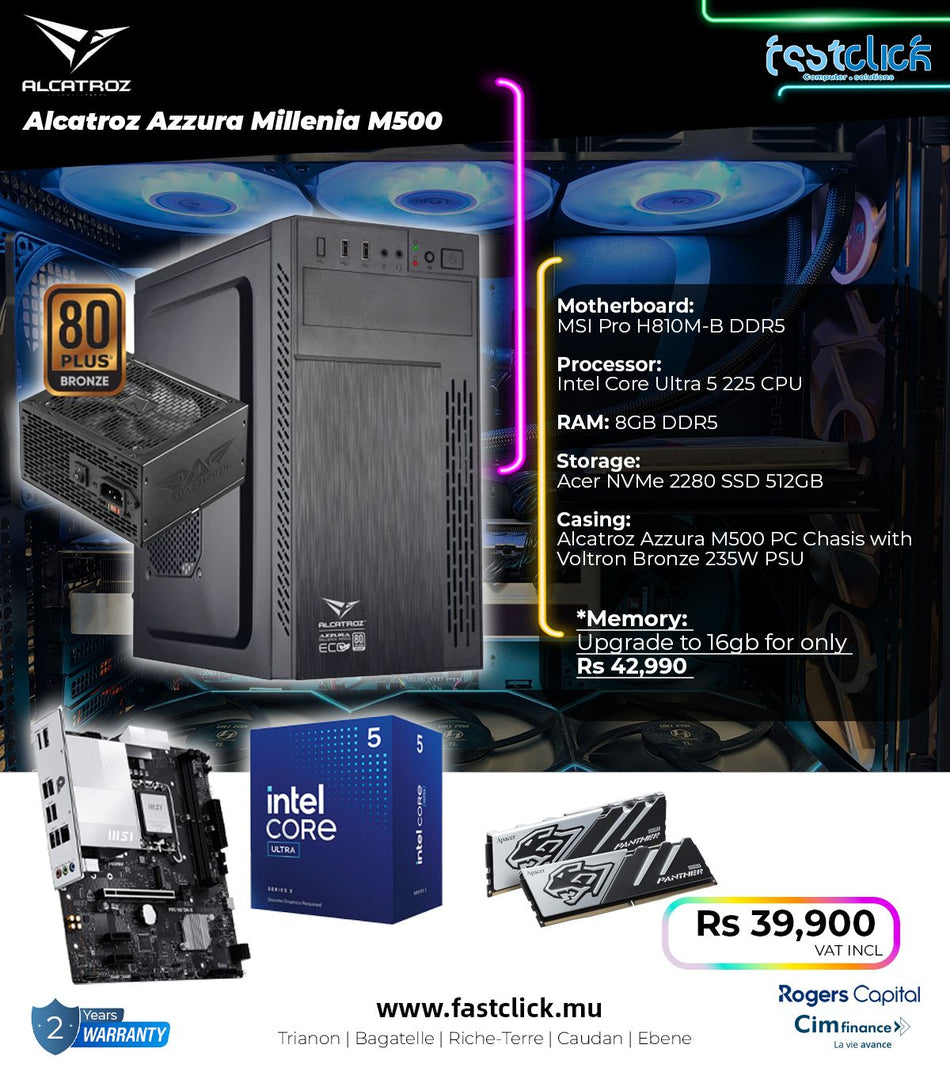 Fastclick Alcatroz Azzura Millenia M500 Gaming PC Bundle – Intel Core Ultra 5 225, MSI Pro H810M-B, 8GB DDR5 RAM, 512GB NVMe SSD