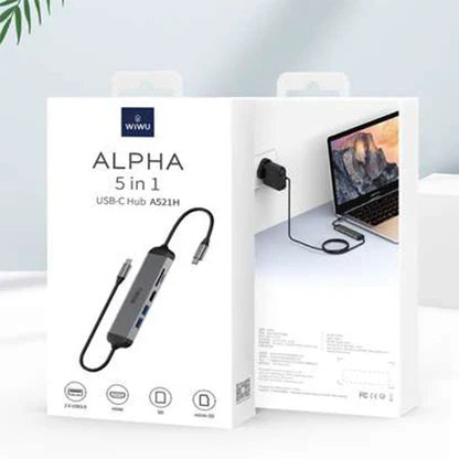 Wiwu Alpha 521 5-in-1 Type-C Multiport Adapter Hub | Aluminum Docking Station with 4K HDMI Three High-Speed USB 3.0 Ports and 60W Type-C Power Delivery - Space Gray (A521H)