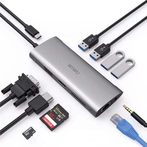 WiWU Alpha A11 11-in-1 USB-C All-in-One Hub 4K HDMI VGA RJ45 USB 3.0 SD/TF PD Audio Multiport Dock Gray