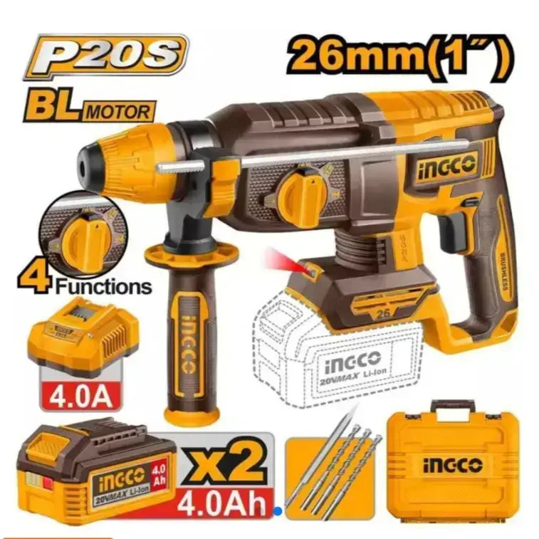 INGCO Cordless Rotary Hammer (CRHLI262085) – 26mm Drilling Capacity, High-Performance Motor, Multi-Function Mode Selector (Drill, Hammer Drill, Chisel), Ergonomic Anti-Vibration Design, Optimized for Heavy-Duty Masonry and Concrete Drilling Applications.