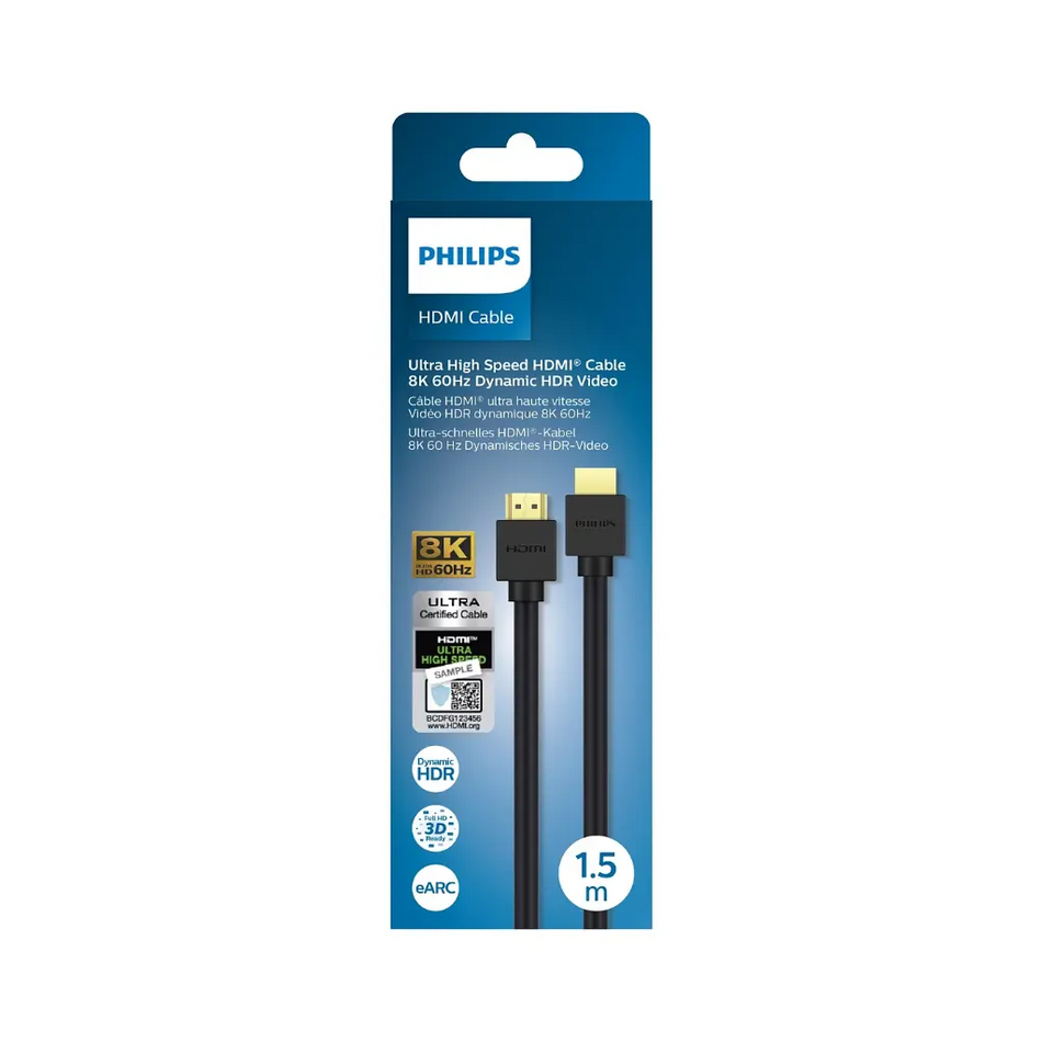 Philips Ultra High Speed HDMI 2.1 Cable 1.5m - 8K @ 60Hz / 4K @ 120Hz, 48 Gbps Bandwidth, Dynamic HDR, eARC & Gold-Plated Connectors - Black (SWV9431C/00)