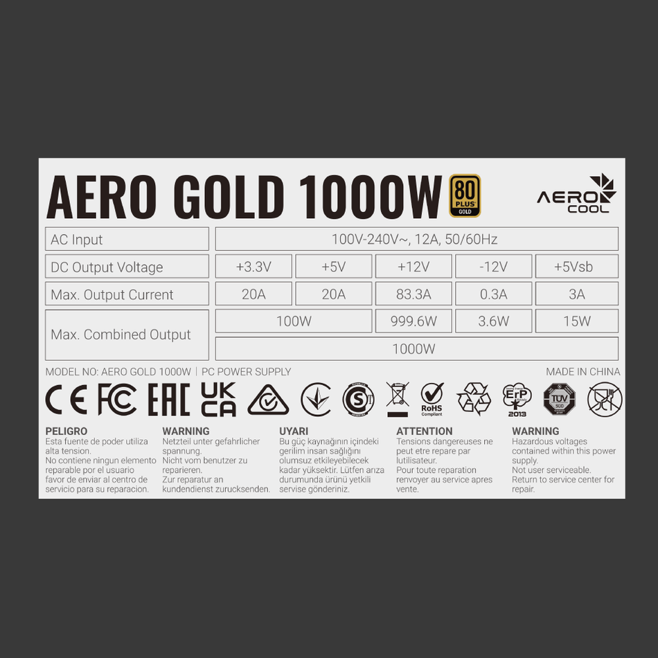 Aerocool Power Supply AERO 80+ Gold 850W / 1000W, Fully Modular, ATX 3.1 PCIe 5.1 compliant, 100% high-grade 105°C capacitor