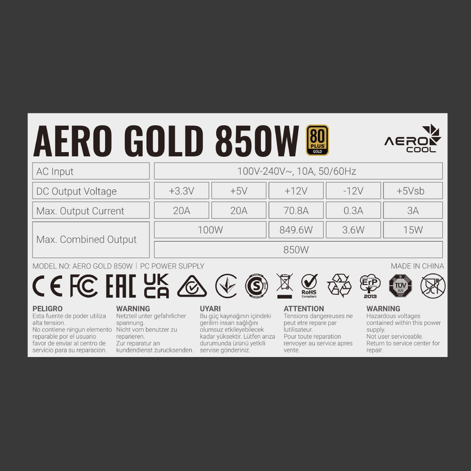 Aerocool Power Supply AERO 80+ Gold 850W / 1000W, Fully Modular, ATX 3.1 PCIe 5.1 compliant, 100% high-grade 105°C capacitor