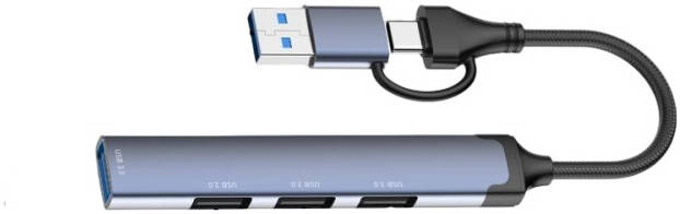 LDNIO DS-64U Hub Adapter Converter, USB + Type C to USB 3.0 & 3x USB 2.0 Ports, Up to 5Gbps Speed, Up to 480Mbps Speed, Aluminum Alloy Material, 0.14M Cable Length
