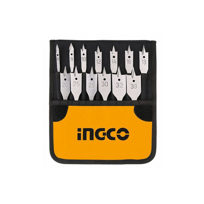 Ingco 13-Piece Professional Flat Wood Drill Bit Set | Heavy-Duty Spade Bit Kit for Fast Bore Timber Drilling - 6mm to 25mm (AKD41301)