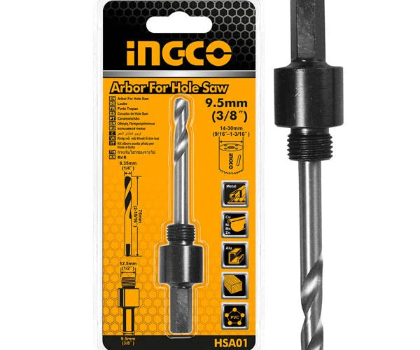Ingco 3/8-Inch Hex Shank Hole Saw Arbor | Premium Carbon Steel Mandrel Adapter with 9.5mm Shank and Replaceable Pilot Drill Bit for Hole Saws (HSA01)