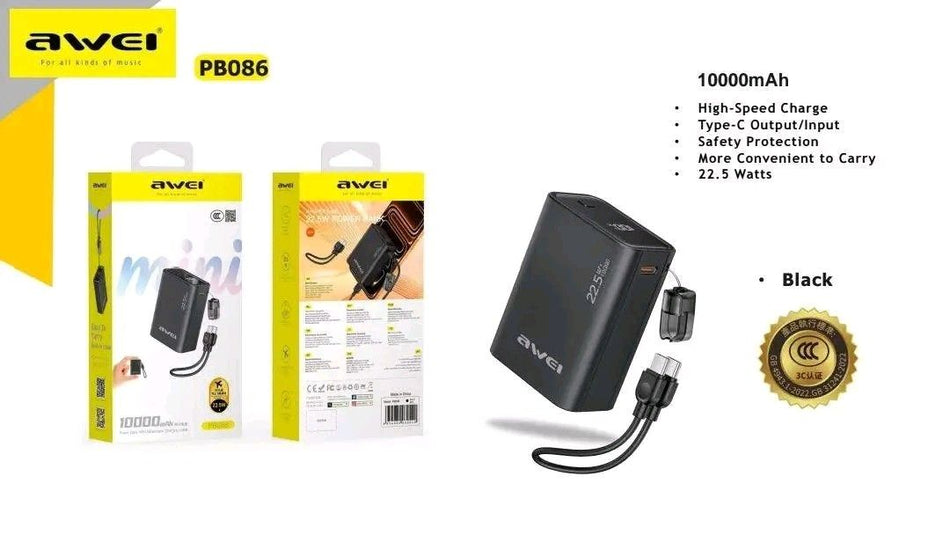 Awei PB086 10,000mAh Power Bank with Detachable Cable - Black