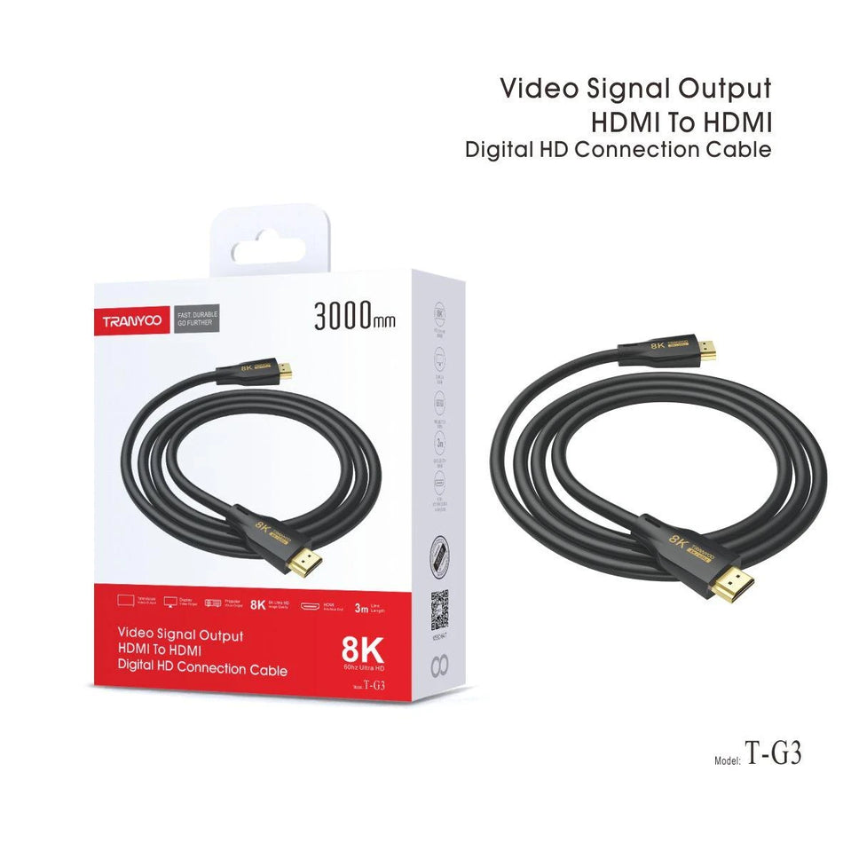 Tranyoo T-G2/ T-G3 HDMI to HDMI Cable 3M 18K/60Hz Ultra HD High-Speed Video Cable – Black (6970791128679)