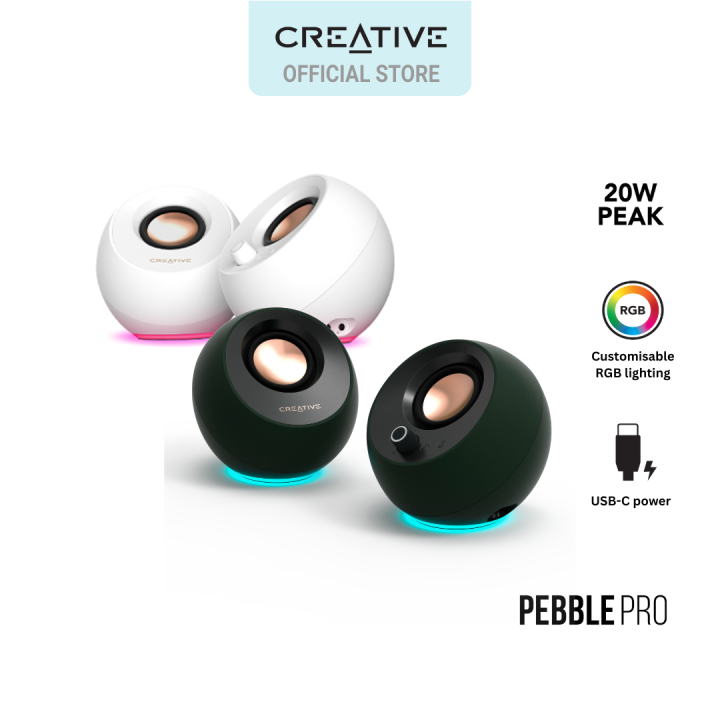 Creative Pebble Pro Minimalist 2.0 USB-C Computer Speakers with Bluetooth 5.3 and Customizable RGB Lighting, Clear Dialog and BassFlex Tech, USB Audio, Headset Port, for PC and Mac (Black or White)