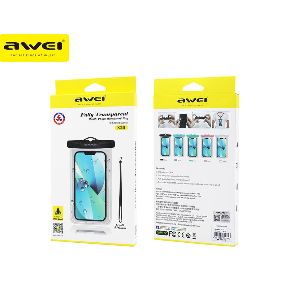 Awei X33 Waterproof Bag black - Underwater IPX8 Waterproof Clear Phone Case Fully Transparent Dry Bag Perfect for Swimming Water Sports