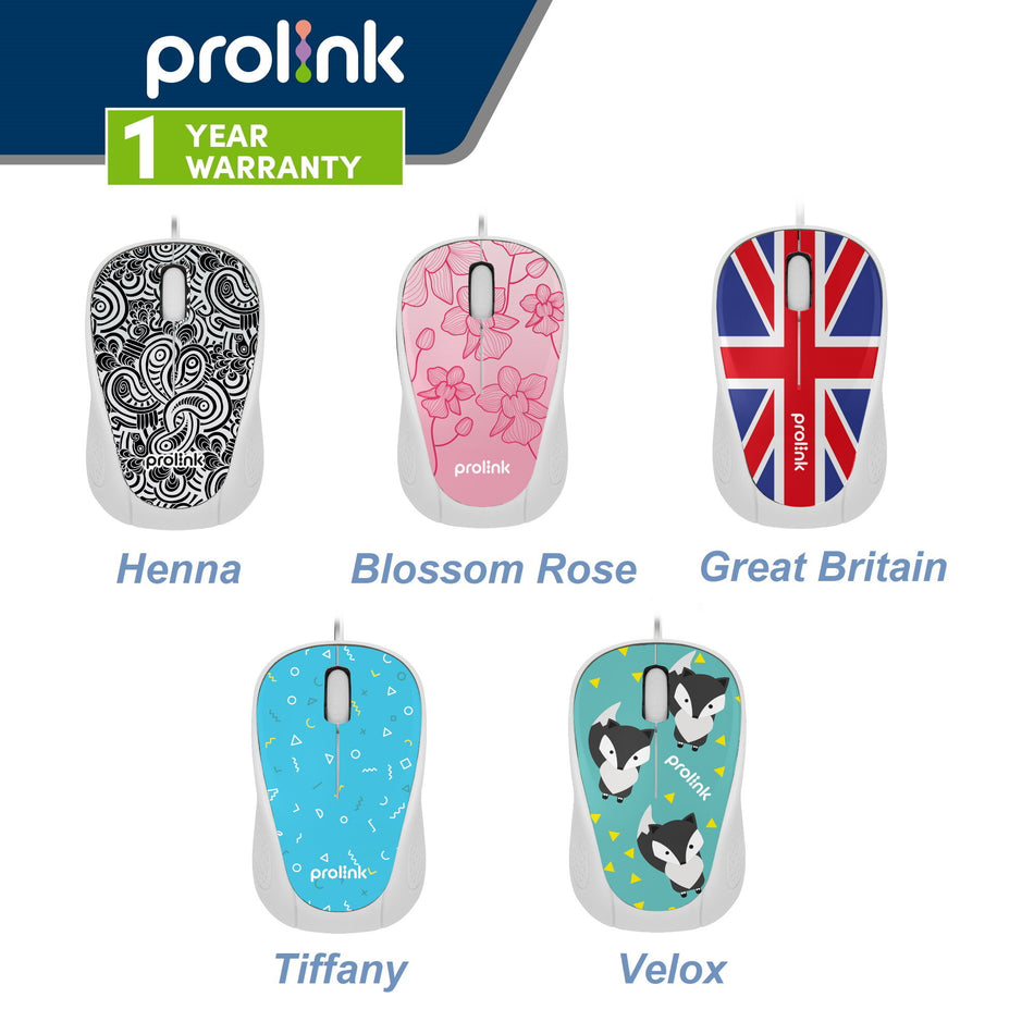 Prolink PMC1005 Wired Mouse 3-Button, 1200DPI, Medium Size, Water Transfer Print, Blossom Rose