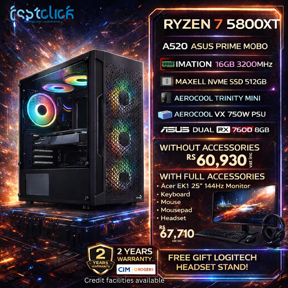 Complete Gaming PC Bundle – Ryzen 7 5800X, ASUS Prime A520 Motherboard, 16GB Imation 3200MHz RAM, 512GB Maxell NVMe SSD, ASUS Dual RX 7600 8GB, Aerocool Trinity Mini Case, Aerocool VX 750W PSU + Accessories (Monitor, Keyboard, Mouse, Mousepad, Headset)