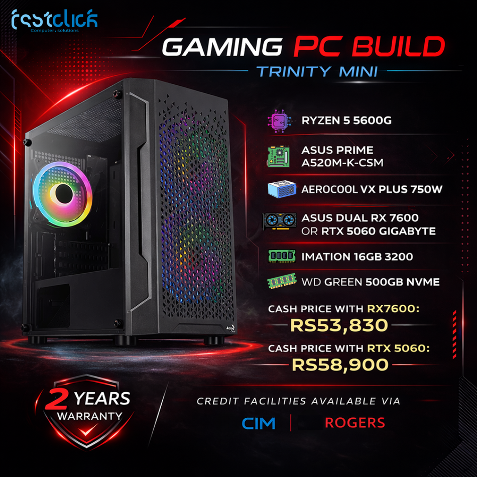 Ryzen 5 5600G Gaming PC – ASUS PRIME A520M-K-CSM Motherboard, 16GB 3200MHz Imation RAM, WD Green 500GB NVMe SSD, Aerocool VX Plus 750W PSU, ASUS Dual RX 7600 / Gigabyte RTX 5060 GPU, Trinity Mini Case