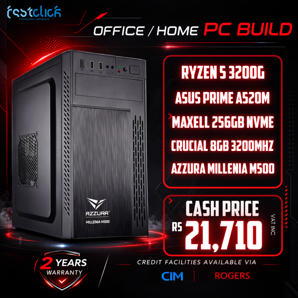AMD Ryzen 5 3200G Budget Home & Office PC, ASUS PRIME A520M Motherboard, 8GB DDR4 RAM, 256GB NVMe SSD, Azzura Millenia M500 Case