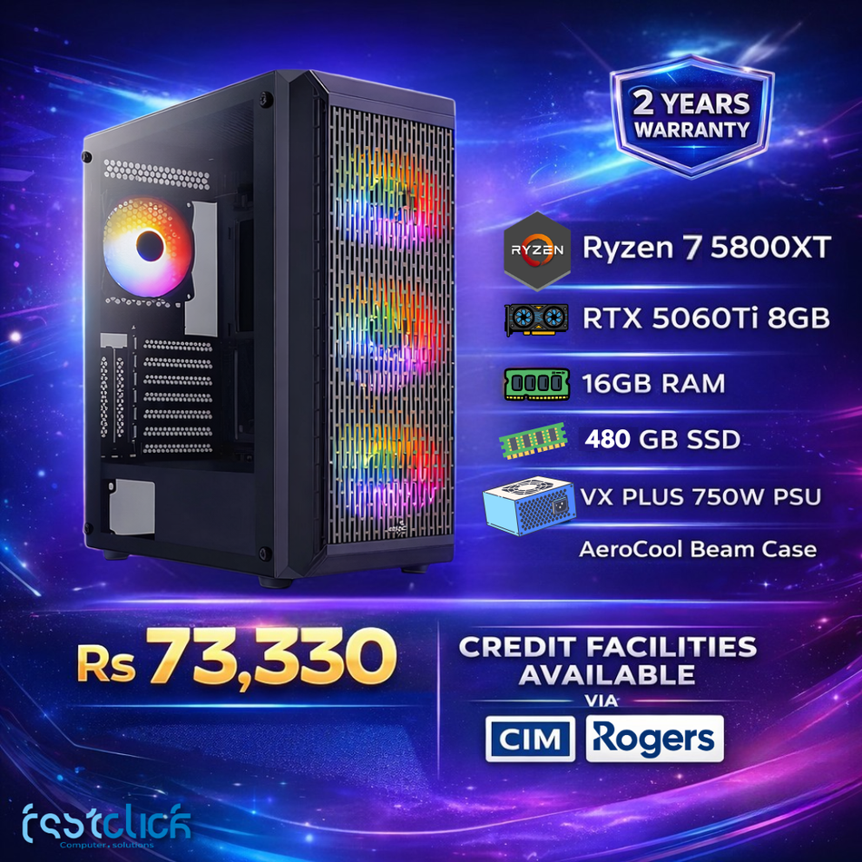 Gaming RGB Desktop PC, AMD Ryzen 7 5800XT 3.8GHz (Up to 4.8GHz Turbo), NVIDIA GeForce RTX 5060 Ti 8GB GDDR6, 480GB SSD, 16GB RAM, Aerocool VX Plus 750W Power Supply, Aerocool Beam Mid-Tower Case, HDMI/DisplayPort
