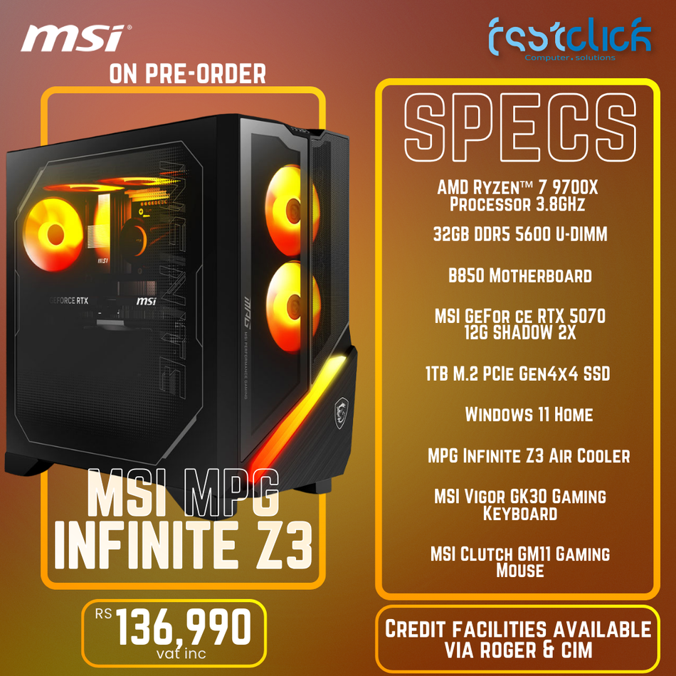 MSI Gaming PC – AMD Ryzen™ 7 9700X 3.8GHz, 32GB DDR5 5600 RAM, B850 Motherboard, MSI GeForce RTX 5070 12GB SHADOW 2X, 1TB M.2 PCIe Gen4 SSD, Windows 11 Home, MPG Infinite Z3 Air Cooler, MSI Vigor GK30 Keyboard & MSI Clutch GM11 Mouse