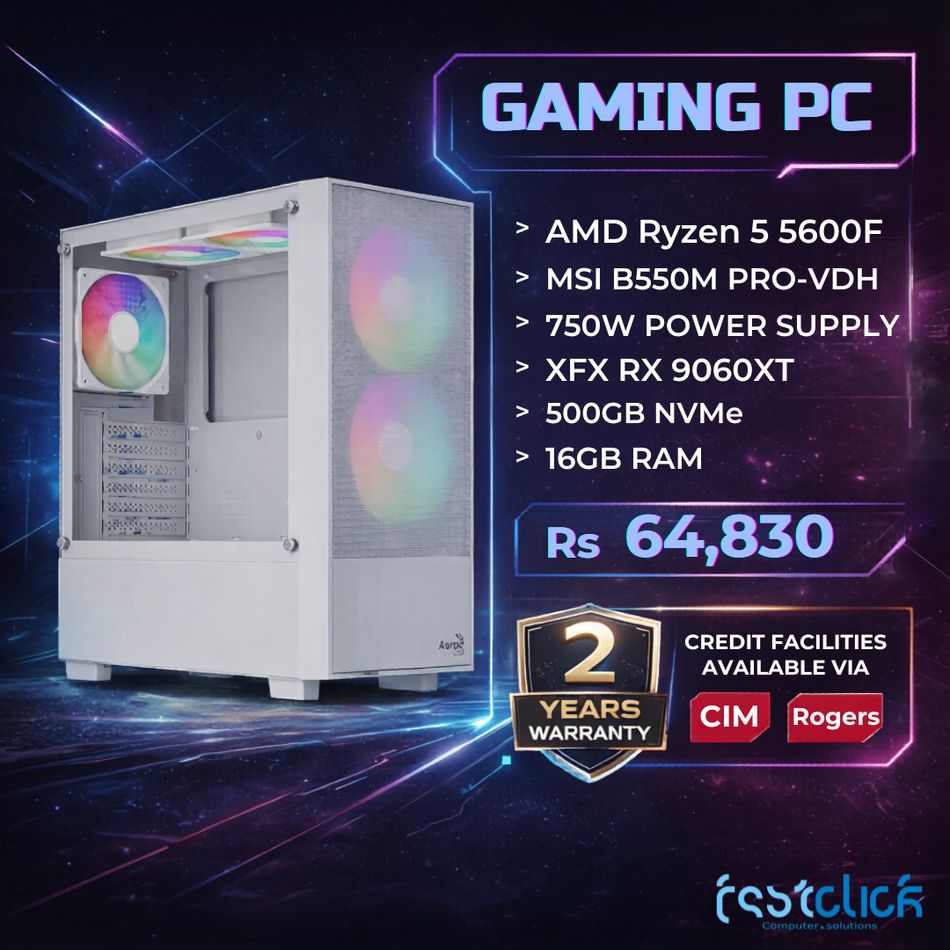 Gaming PC, Ryzen 5 5600F up to 4.4GHz, XFX RX 9060XT 16GB, 500GB NVMe SSD, 16GB RAM, MSI B550M PRO-VDH, 750W PSU