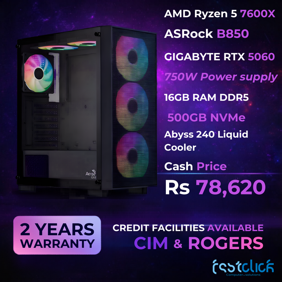 Gaming PC, Ryzen 5 7600X up to 5.3GHz, GIGABYTE RTX 5060, 500GB NVMe SSD, 16GB DDR5 RAM, ASRock B850, 750W PSU, Abyss 240 Liquid Cooler