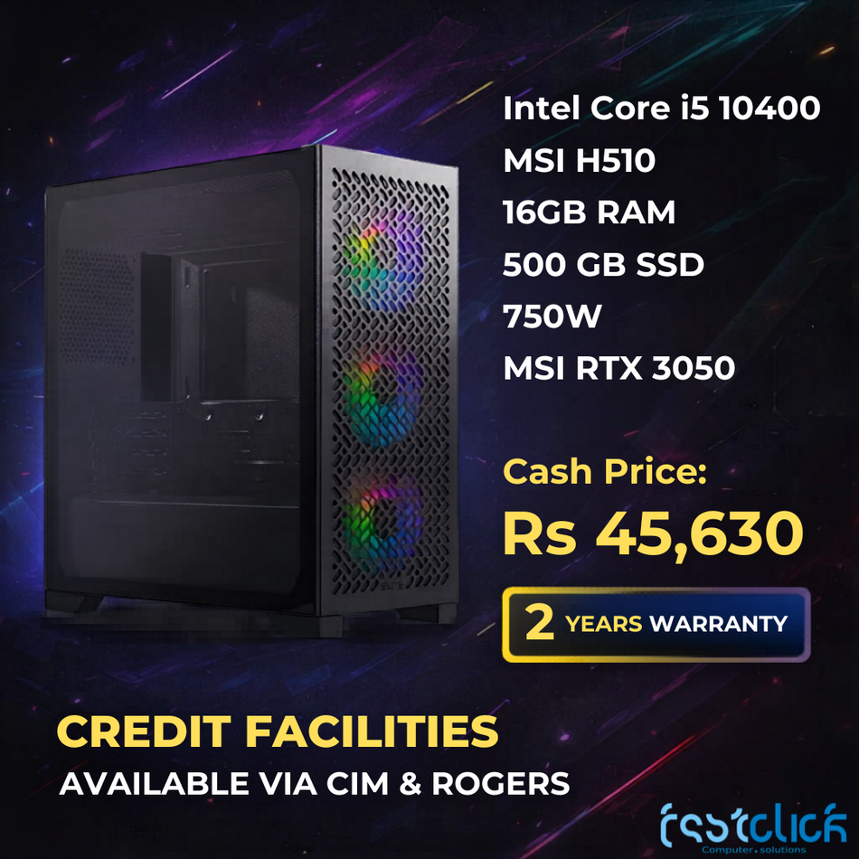 Gaming PC, Intel i5-10400 up to 4.3GHz, MSI RTX 3050 8GB, 500GB SSD, 16GB RAM, MSI H510, 750W PSU