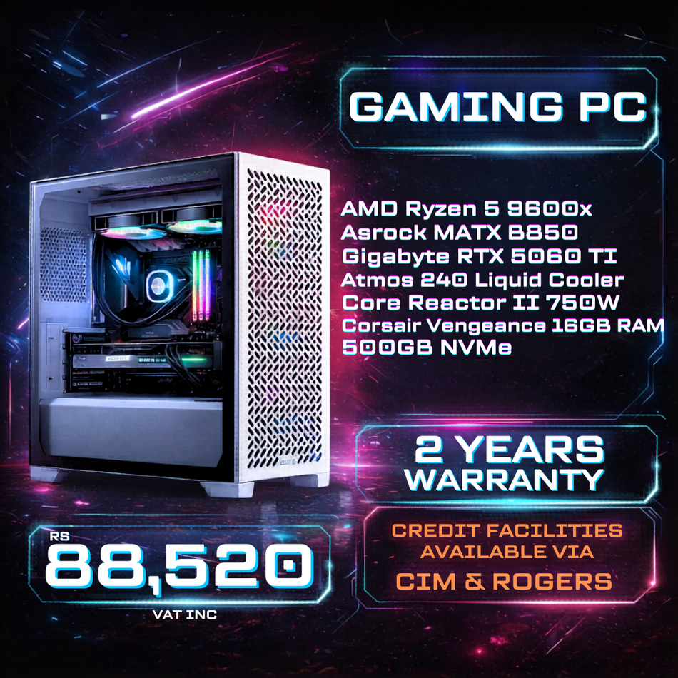 Gaming PC, Ryzen 5 9600X up to 5.4GHz, GIGABYTE RTX 5060 Ti, 500GB NVMe SSD, 16GB Corsair Vengeance RAM, ASRock B850 mATX, Core Reactor II 750W PSU, Atmos 240 Liquid Cooler