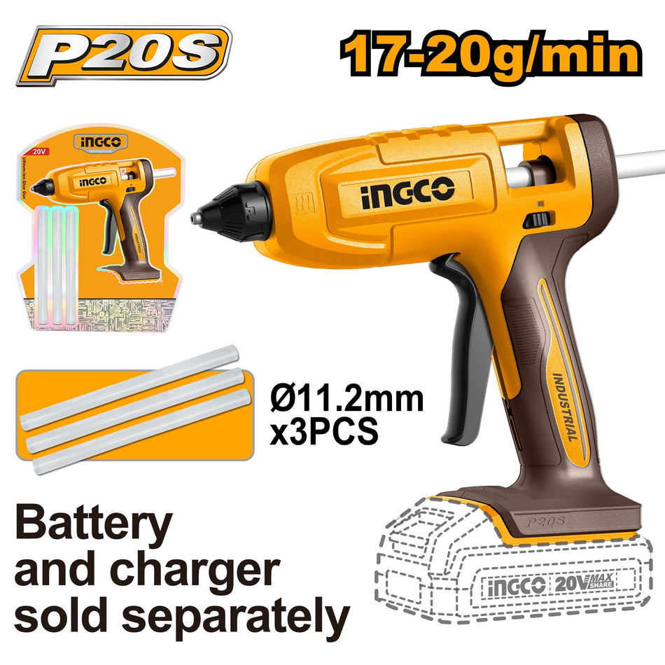 INGCO 20V Cordless Glue Gun (CGGLI2003) – 11mm (approx. 1/2") Glue Stick Capacity, Fast Heating Performance, Ergonomic Portable Design, Optimized for Precise Crafting and DIY Repair Applications.