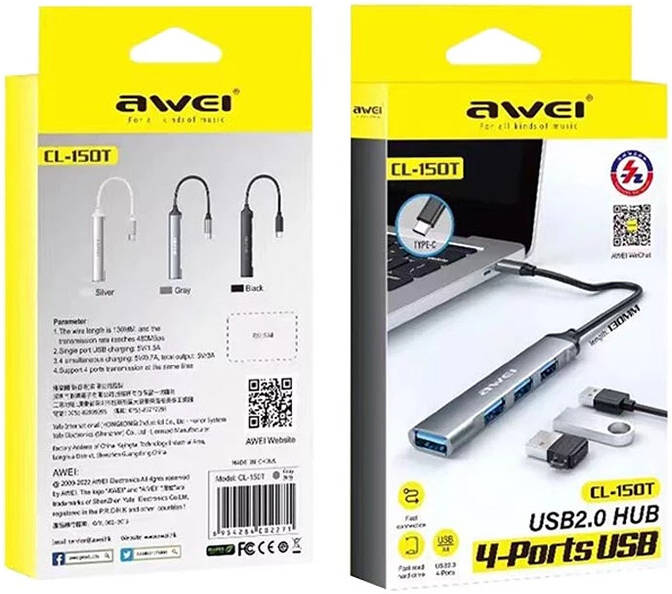 Awei CL-150T 4-Port USB 2.0 Extender / Hub | Multi-Device Expansion | High-Speed Data Transfer | Plug & Play