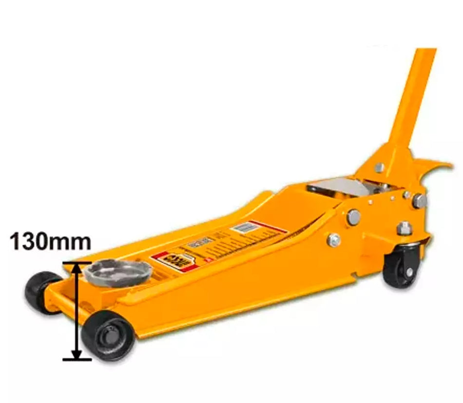 INGCO 3-Ton Heavy-Duty Hydraulic Floor Garage Jack (Cric Rouleur Hydraulique) – Dual Piston Fast Lifting Mechanism, 130mm–465mm Elevation Range, and Heavy Steel Swivel Caster Frame (HFJ313)