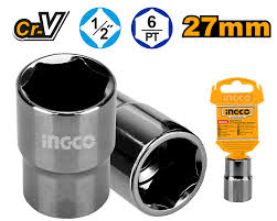 Ingco 1/2-Inch Drive 27mm Hexagonal Socket | Premium Chrome Vanadium Steel Standard Length 6-Point Mechanics Wrench Socket for High-Torque Fastening (HHAST12271)